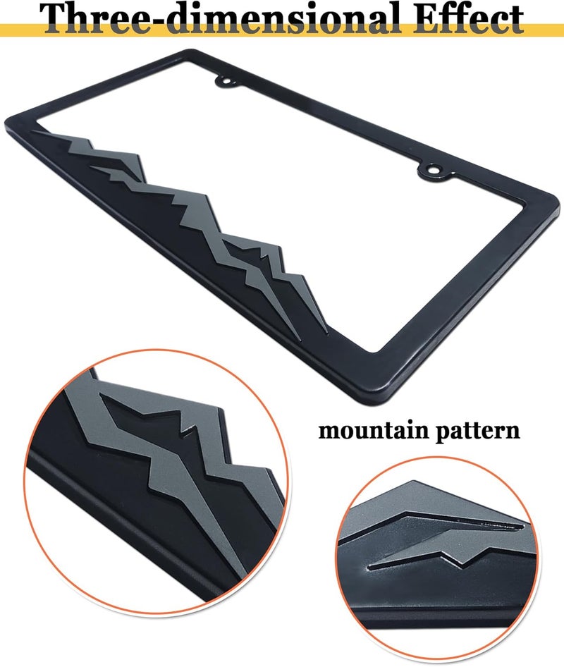 BGGTMO Mountain License Plate Frames- Gray on Black Mountain Raised, Plastic Car Tag Holder Bracket with Screws Caps, 2 Packs 2 Hole with Mountain Vinyl Sticker - Image 3